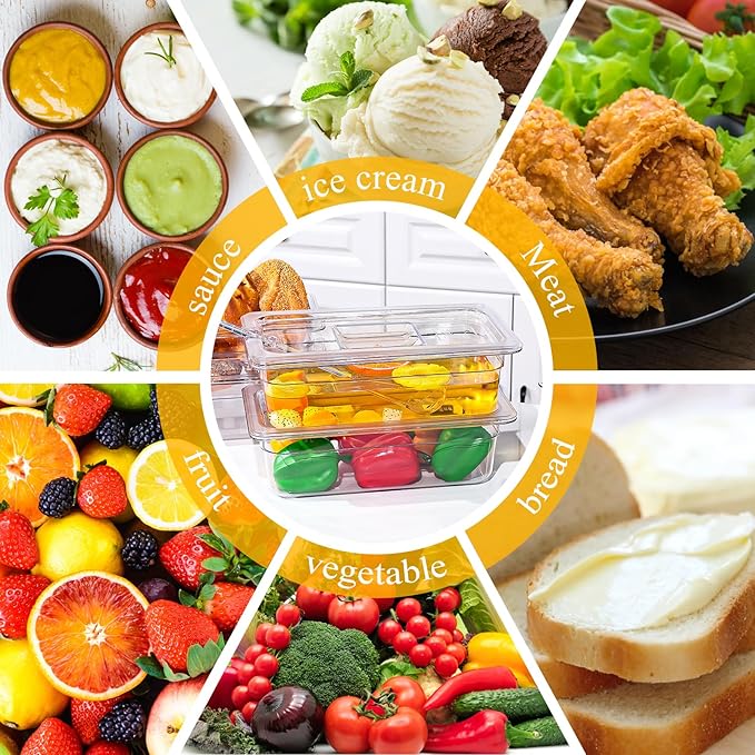 6 Pack Plastic Food Pans with Lids, 1/3 Size 4'' Deep Clear Commercial Stackable Polycarbonate Pans Hotel Food Storage Pan with 1 Pcs Spoon for Fruits Vegetables