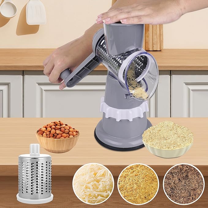 Rotary Cheese Grater Hand Crank with Peeler, Cheese Shredder with 3 Stainless Steel Changeable Blades, Kitchen Food Slicer with Non-Slip Suction Base for Cheese Fruit Vegetables Nuts (Gray)