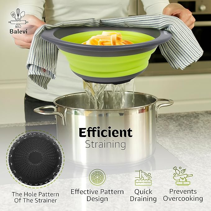 "Balevi Collapsible Strainers for Kitchen - Collapsible Colander Set of 2 Made of Silicone - Collapsible Strainer with Little Pegs to Keep Food Elevated - Green"