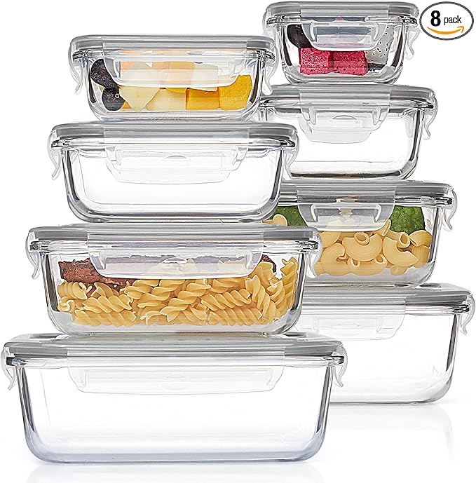Vtopmart 8 Pack Glass Food Storage Containers with Airtight Lids, Glass Meal Prep Containers, Lunch Office Meal for Microwave, Oven, Freezer and Dishwasher, BPA Free