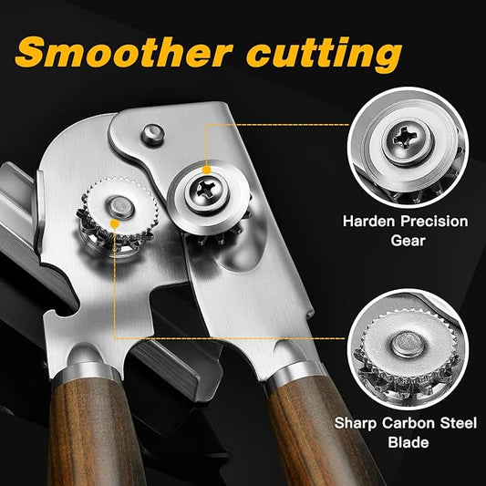 Upgraded Efficient Manual Can Opener - Selected Solid Wood Handle, Sharp and Smooth Blade Edge, Portable Design, Easy-Open Large Knob, Versatile for Various Bottle Caps(Agarwood)