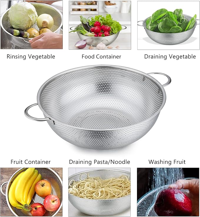 P&P CHEF Stainless Steel Colander, Micro-Perforated Food Strainer with Handle for Washing Draining, Great for Pasta Fruits Vegetables, Dishwasher Safe & Healthy, 3 + 5Qt, 2Pcs