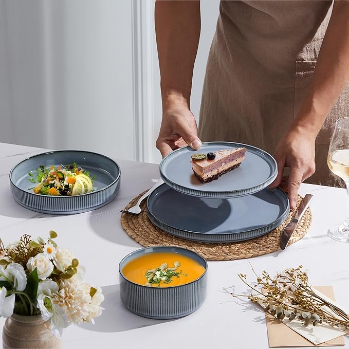 E-far 16 Piece Dinnerware Sets, Plates and Bowls with Pasta Bowls Service for 4, Modern Stoneware Ribbed Dishes for Kitchen Dining, Microwave & Dishwasher Safe, Dusty Blue