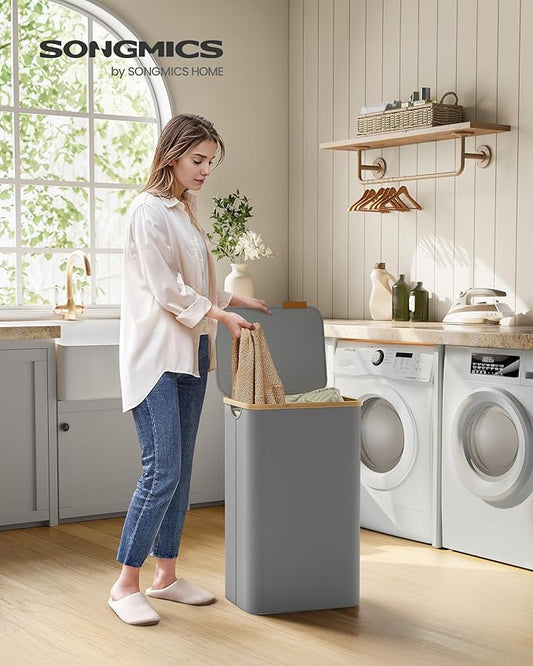 SONGMICS Laundry Hamper with Lid, Large Laundry Basket, 23.8 Gallons (90L), Removable Mesh Liner, Bamboo Handles, Collapsible, 16.5 x 12.6 x 27.8 Inches, Dove Gray ULCB509G01