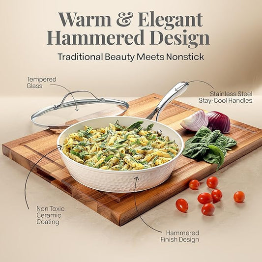 GOTHAM STEEL Hammered 10 Inch Non Stick Frying Pans with Lid, Frying Pans Nonstick with Lid, Non Toxic PFOA PFOS Free, Skillet Pan for Cooking, Induction Oven and Dishwasher Safe – Cream