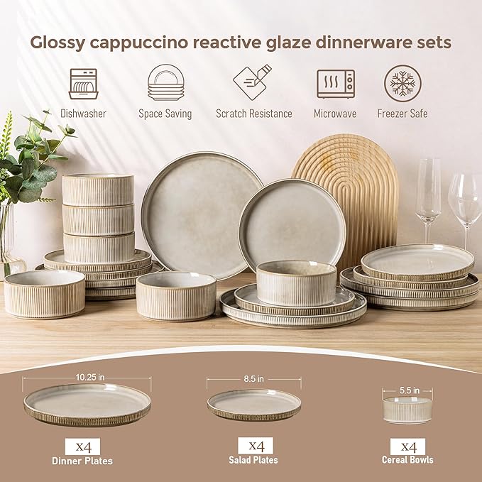 GBHOME Stoneware Dinnerware Sets for 4,Round Reactive Glaze Ceramic Plates and Bowls Set,Highly Scratch Resistant | Dishwasher & Microwave Safe Dishes Set,Service for 4(12Pcs),Cappuccino