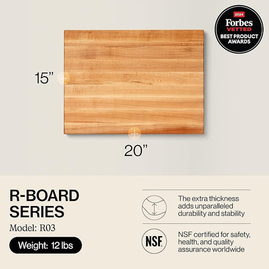 John Boos R-Board Series Rectangular Wooden Maple Cutting Board 20”x15” – 1.5” Thick, 12-lb Reversible Butcher Block with Edge-Grain & Finger Grips – Made in the USA