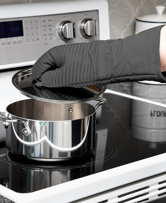 All-Clad Silicone Oven Mitts: Heat Resistant up to 500 Degrees - 100% Cotton & Silicone, 14"x7" Oven Mitt for Kitchen and Barbeque, 2-Pack, Pewter
