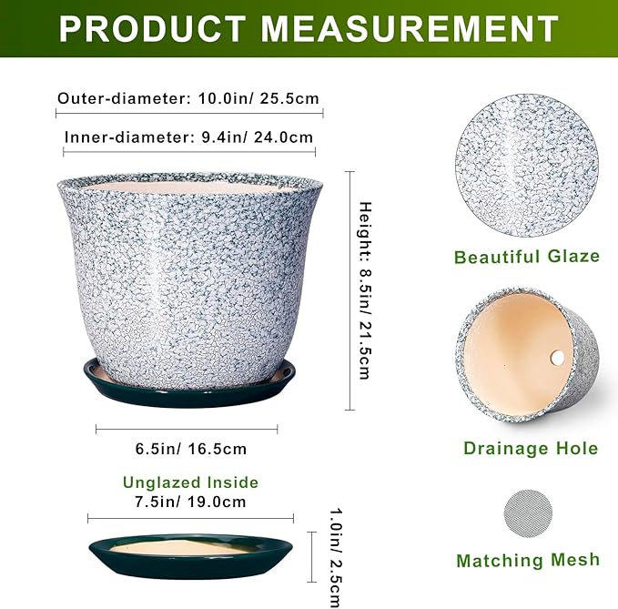 Ceramic Planter - 10 Inch Plant Pot for Indoor Outdoor, Round Planter with Drainage Hole and Plant Tray, Large Decorative Planters, Modern Flower Pot, Home Room Decor, Gardening Gift, Green
