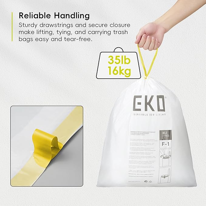 EKO 8 Gallon / 30.3 Liter,100 Count Drawstring Trash Bags, Extra-Strong Unscented Garbage Bags, Easy-Dispense Roll for Kitchen & Household Use, Resists Tears, Leaks and Punctures, Code F-1, White