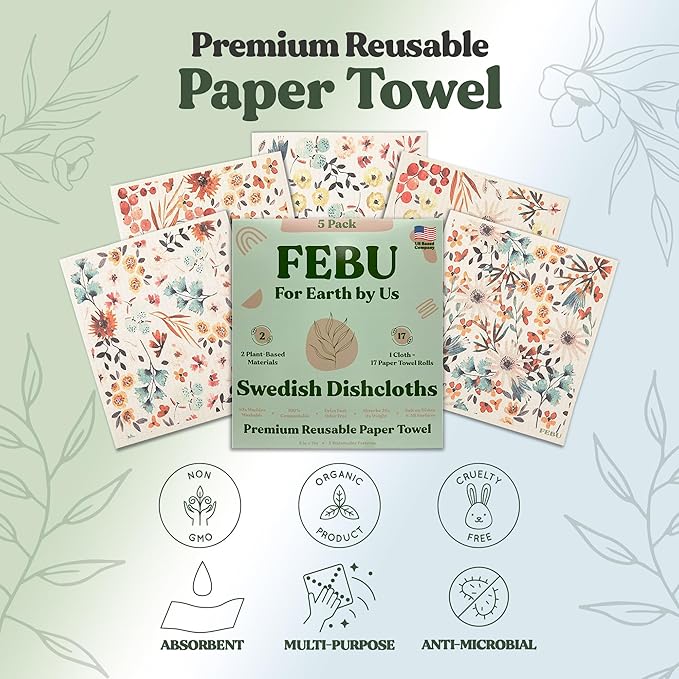 FEBU Swedish Dishcloths for Kitchen | 5 Pack Watercolor Reusable Paper Towels Washable | Swedish Dish Towels | Non-Scratch Cellulose Sponge Cloths | No Odor, Biodegradable Cleaning Cloths