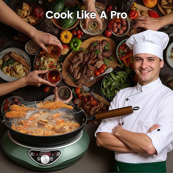 1700W Wok Induction Cooktop with 13.4” Nitride Carbon Steel Wok Round-Bottom & Flat-Pan Compatible, Electric Stir-Fry Wok Set for Home & Restaurant, No-Coating, Even Heating