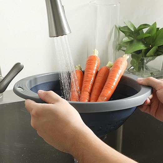 Oster Bluemarine 10-Inch Foldable Strainer β Collapsible Colander for Pasta, Vegetables, Fruits, Space-Saving Kitchen Tool, Blue/Grey Dishwasher Safe