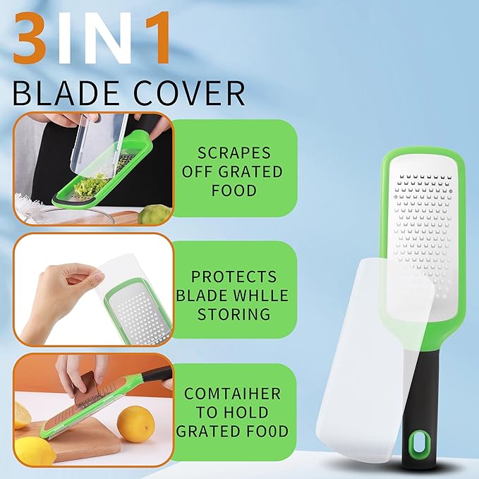 Handheld Cheese Grater, Stainless Steel Lemon Citrus Peeler, Flat Handheld Slicer for Cheese, Lemon, Chocolate and Spices/Crude Hole (Green)