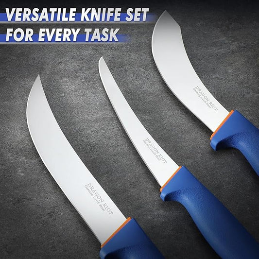 DRAGON RIOT 3 Pcs Butcher Knives Set, Meat Processing Knife Set for Brisket Trimming with German Stainless Steel and Blue Non-slip Handle Gift for Men