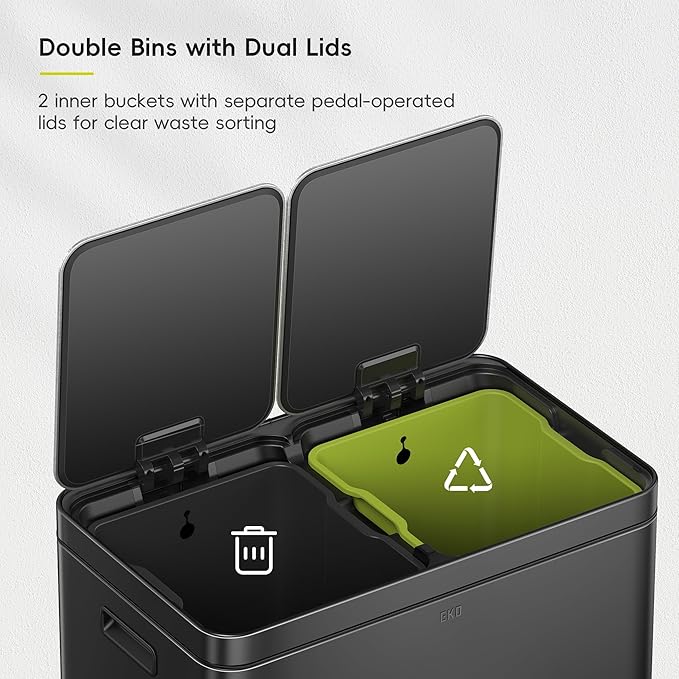 EKO Edison 8+8 Gallon Dual Trash Can for Recycling and Trash, Stainless Steel Kitchen Step Can with Dual Removable Inner Bucket, Independent Lids and Pedals, Black
