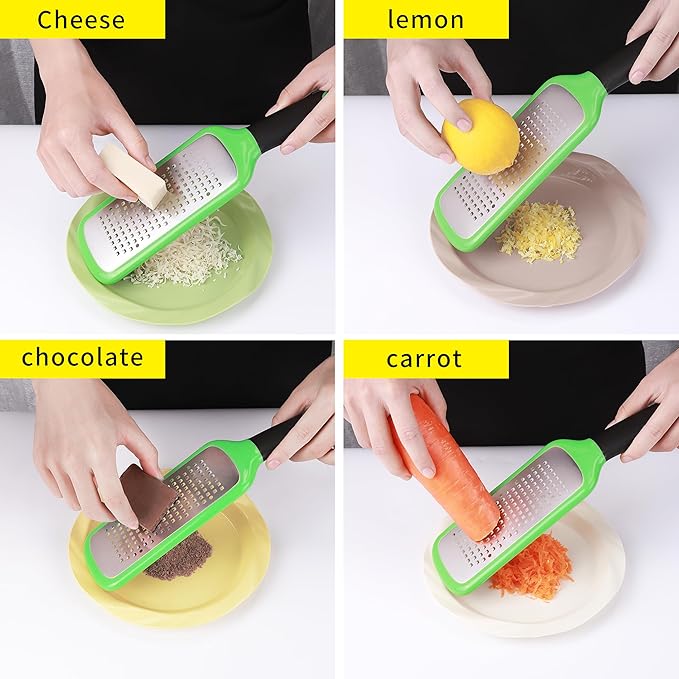 Handheld Cheese Grater, Stainless Steel Lemon Citrus Peeler, Flat Handheld Slicer for Cheese, Lemon, Chocolate and Spices/Crude Hole (Green)