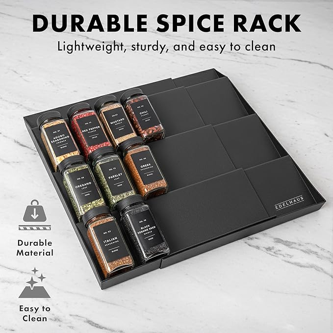 Spice Drawer Organizer - Expandable Spice Rack for Drawer, Black Seasoning Organizer for Drawer Spice Organizer, Spice Organization Seasoning rack insert for Cabinet (Jars Not Included)
