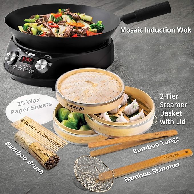 Nuwave Mosaic Induction Wok, Temp Control 100°F-575°F in 5°F, Wok Hei, Infuse Charred Aroma & Flavor, 14-inch Carbon Steel Wok, 8pc Bamboo Accessories