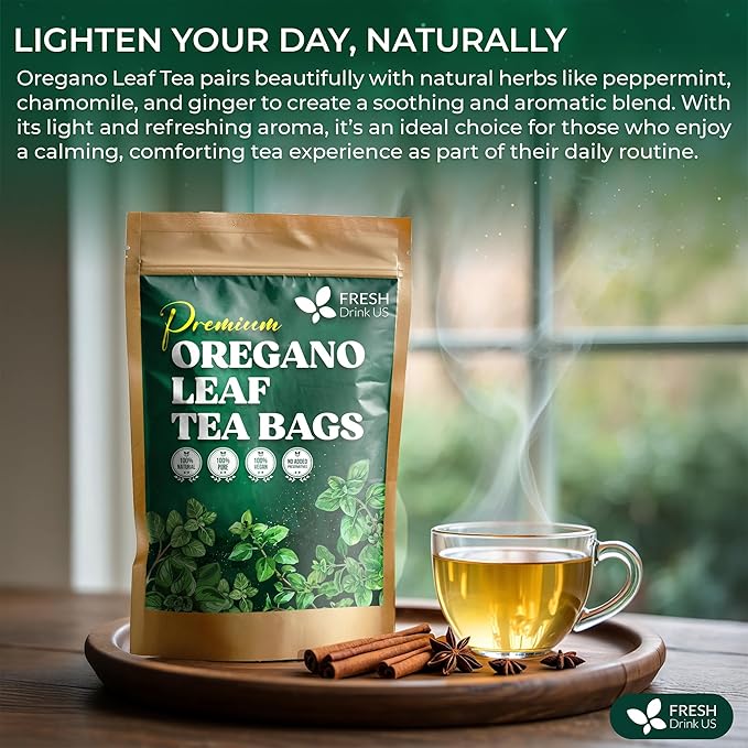 FreshDrinkUS, Oregano Leaf Tea | 75 Tea Bags β Pure Herbal Infusion from Origanum vulgare - Naturally Bold & Aromatic Flavor - Premium Quality, Sustainably Sourced. Vegan