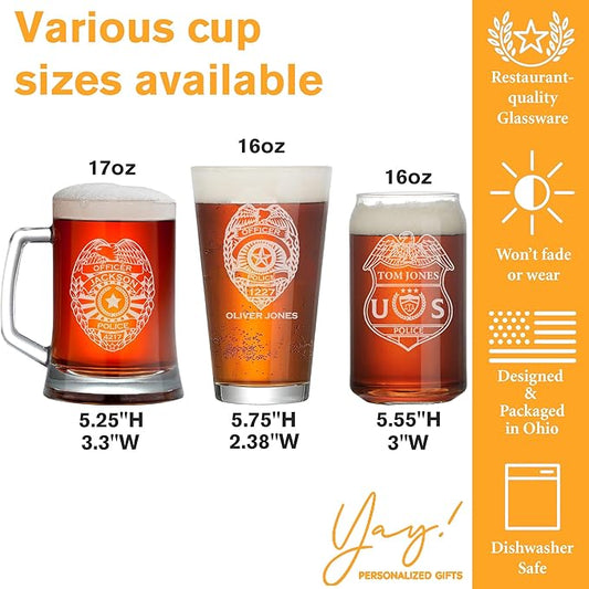 Personalized Police Officer Beer Glass, Custom Name & Number Beer Pint, 16oz Engraved Police Drinkware, Engraving Gifts for Men Dad, Retirement, PD