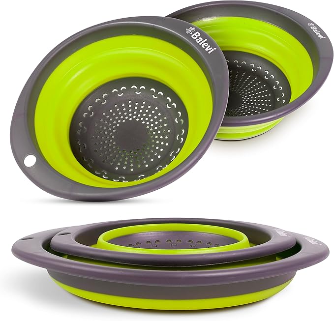 "Balevi Collapsible Strainers for Kitchen - Collapsible Colander Set of 2 Made of Silicone - Collapsible Strainer with Little Pegs to Keep Food Elevated - Green"