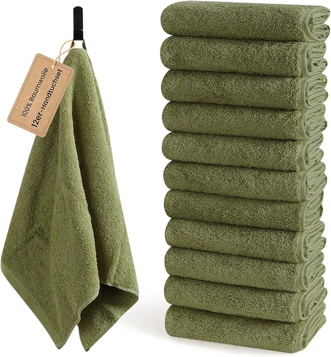 SEMAXE 12 Pack Hand Towels for Bathroom, 100% Cotton Towels with Hanging Loops, Soft and Highly Absorbent, Hand Towel Set for Gym, Shower, Hotel, Spa and Kitchen, Green
