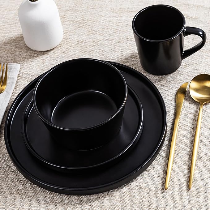 Plates and Bowls Sets for 4 - CJDC-QUELO 16 Piece Stoneware Dinnerware Sets with Mugs, Ceramic Dishware Sets for Kitchen Dining Use, Chip and Scratch Resistant Microwave Dishwasher Safe, Black