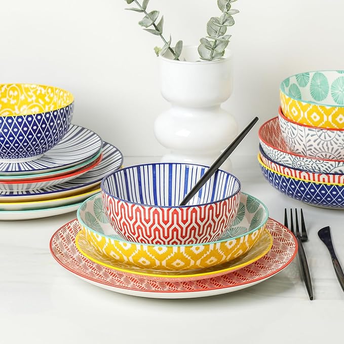 Selamica Ceramic Dinnerware Sets for 6, 24 Piece Plates and Bowls Sets, Highly Chip and Crack Resistant Dishes Set-Dishwasher & Microwave & Oven Safe, Assorted Colors