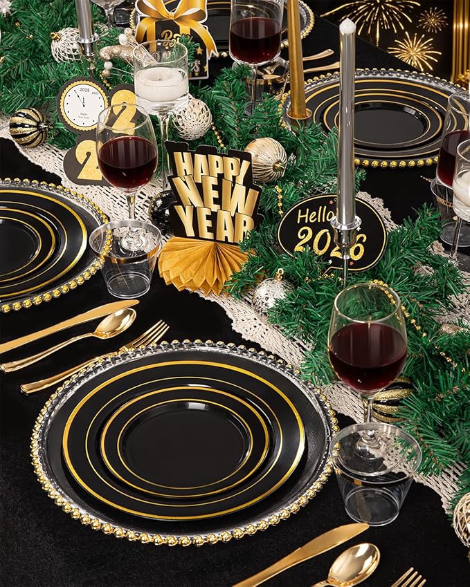 bUCLA 300PCS Black and Gold Disposable Dinnerware Set - 50 Guests Black Plastic Plates with Gold Rim Include 50 Dinner / 50 Dessert Plates, 50 Forks,50 Knives,50 Spoons&50 Cups for Party&New Year
