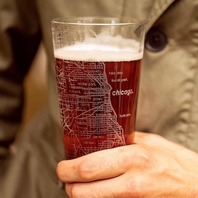 Well Told Engraved Chicago Illinois Map Pint Glass, Etched Beer Gift (16 oz, Clear) City Map Pint, Custom City Glassware, Gifts For Beer Lovers