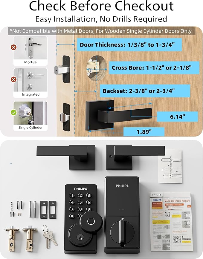 Philips WiFi Keypad Door Lock with Handle, Built-in WiFi, APP/Voice/Fingerprint/Passcode/Key Unlock, Smart Lock for Front Door, Complete Front Door Lock Set, Keyless Entry, Digital Deadbolt, Auto-Lock