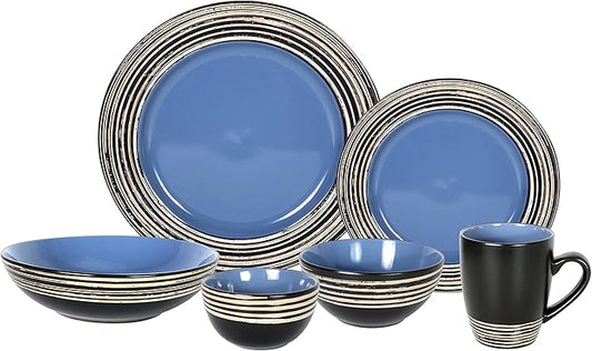 48 Piece Dinnerware Set, Ceramic Plates and Bowls Sets for 8, Microwave and Dishwasher Safe, Handcrafted Tree Bark Series Dish Set, Blue