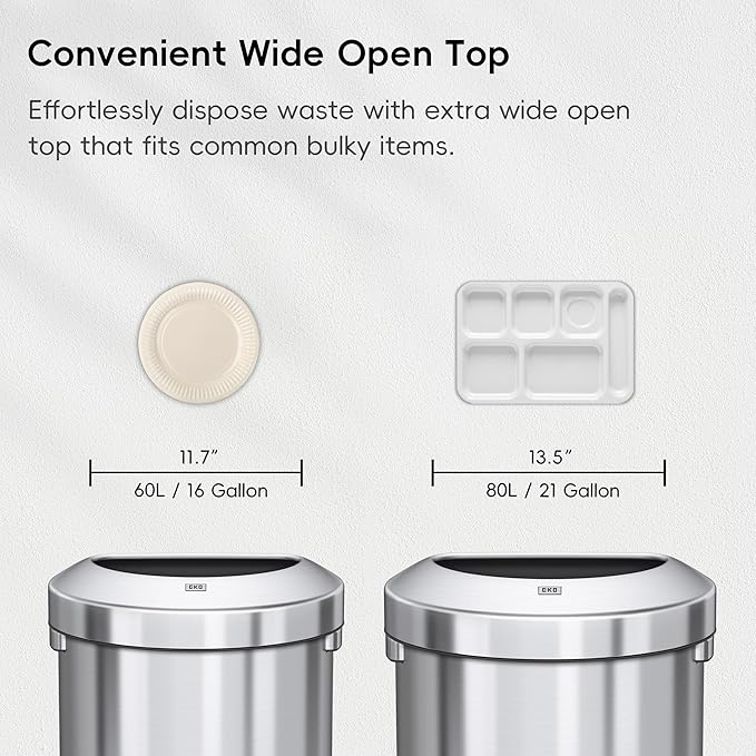 EKO Urban 21 Gallon Semi-Round Open Top Waste Bin, Stainless Steel Half Round Commercial Trash Can for Indoor and Outdoor, Extra Large Metal Garbage Bin for Home, Office, Restaurant, Restroom, 80L