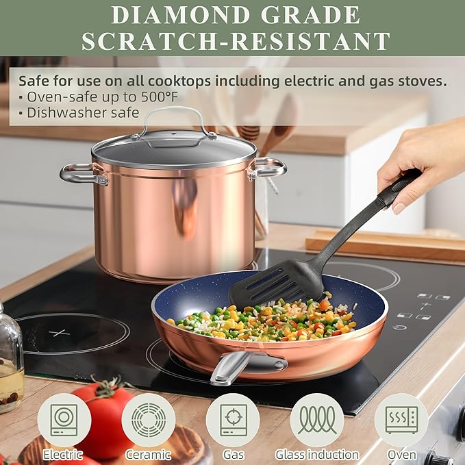Nuwave 9pc Cookware Set Healthy Duralon Blue Ceramic Nonstick Coated, Diamond Infused Scratch-Resistant, PFAS Free, Oven Safe, Induction Ready & Evenly Heats, Tempered Glass Lids & Stay-Cool Handle