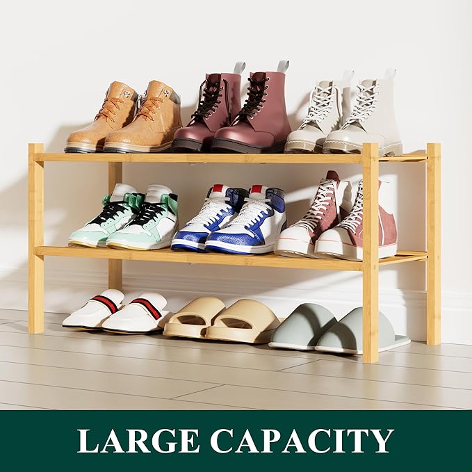 Smiry Shoe Rack, 2 Tier Bamboo Shoe Organizer, Stackable Free Standing Wooden Shoe Storage Shelf for Closet, Entryway, Front Door Entrance, Natural