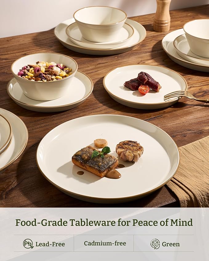 Famiware Saturn Dinnerware Sets, Plates and Bowls Sets for 4, 12 Pieces Stoneware Dish Set - Chip and Scratch Resistant, Microwave and Dishwasher Safe Tableware Set, Vanilla White with Rim