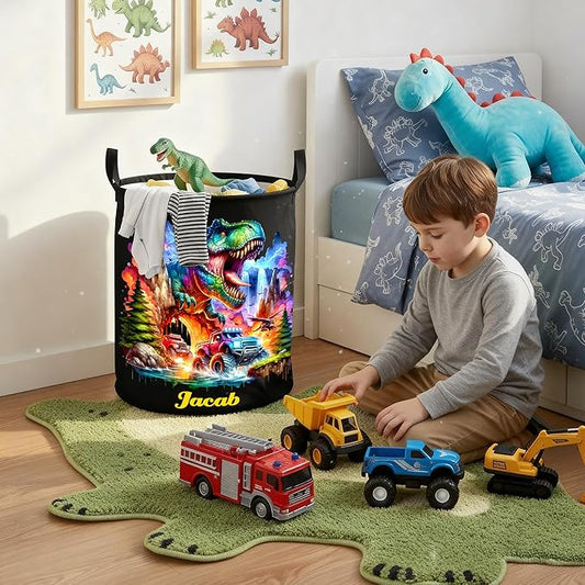 callie Personalized Dinosaur Gifts Truck Laundry Basket for Boys, Waterproof Collapsible Kids Laundry Hamper, Clothes Toys Storage Bin for Bedroom (13.8" x 16.5", 15.7" x 19.6")
