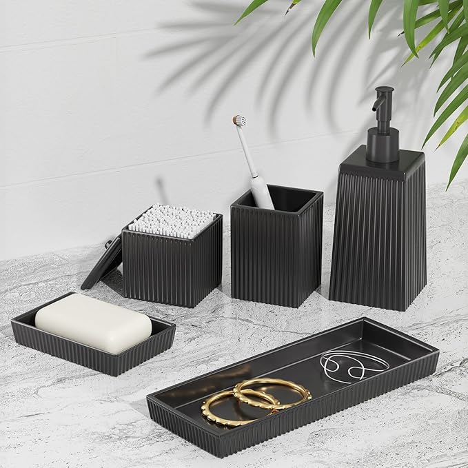 Bathroom Set - Black Bathroom Accessories Set, 5PCS Ceramic Bathroom Accessory Set, Bathroom Sets with Soap Dispenser, Toothbrush Tumbler, Soap Dish, Q-tip Holder & Vanity Tray