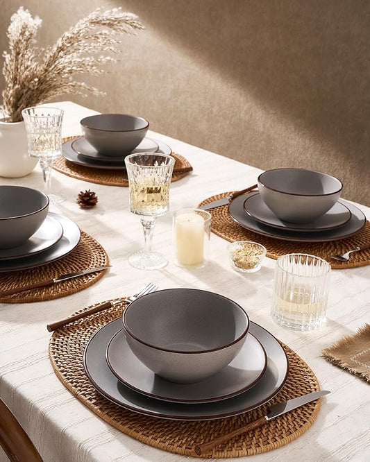 Famiware Venus Ceramic Plates and Bowls Sets, Speckled Dinnerware Dish Sets for 8 (24 Pieces) - Microwave and Dishwasher Safe, Matte Dark Grey