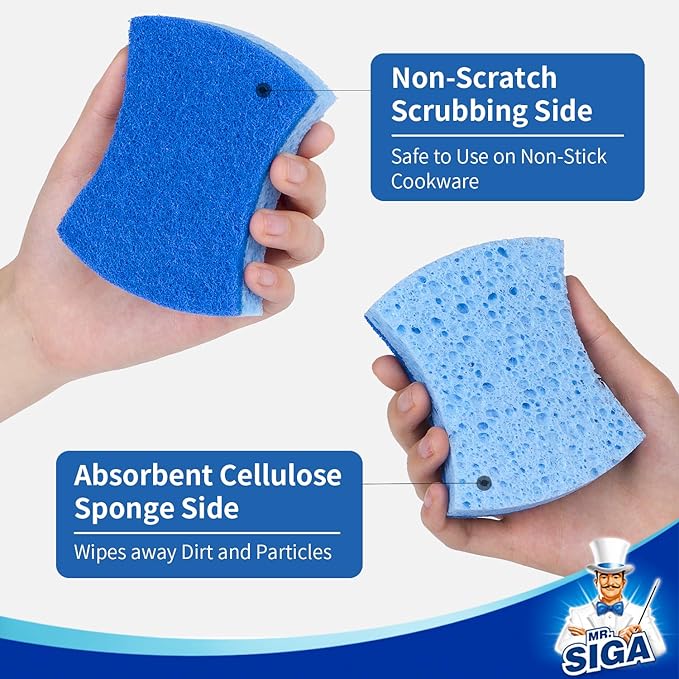 MR.SIGA Non-Scratch Cellulose Scrub Sponge, Dual-Sided Dishwashing Sponge for Kitchen, 12 Pack