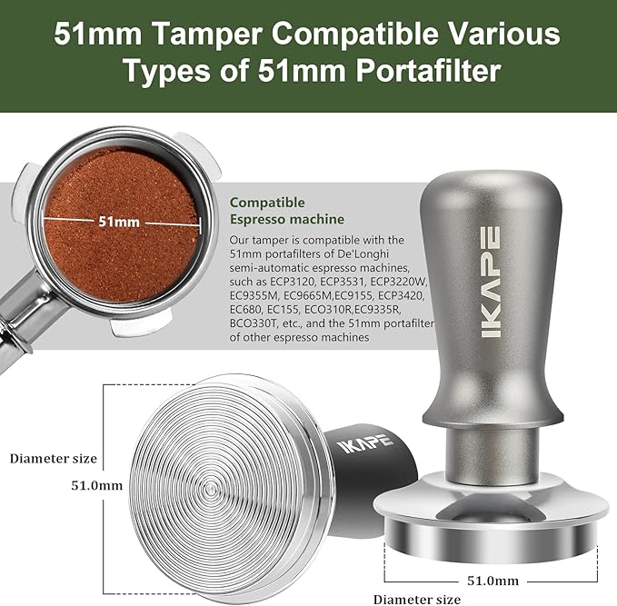 IKAPE 51mm Espresso Tamper, Premium Barista Coffee Tamper with Calibrated Spring Loaded, 100% Flat Stainless Steel Base Tamper for Espresso Machine