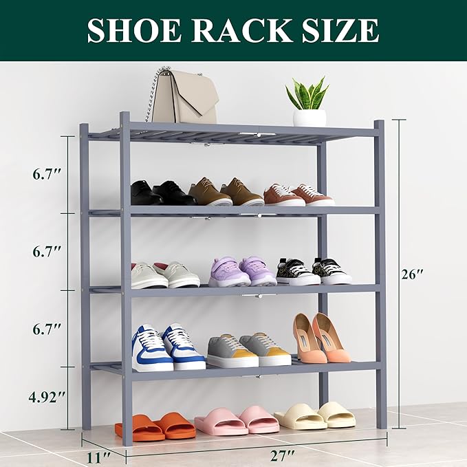 Smiry Shoe Rack, 4 Tier Thick Bamboo Shoe Organizer, Stackable Free Standing Wooden Shoe Storage Shelf for Closet, Entryway, Front Door Entrance, Grey