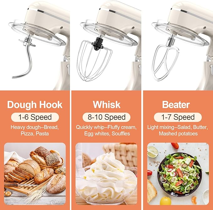 3-IN-1 Electric Stand Mixer, 6.5QT Bowl 660W 10-Speed Kitchen Mixer, Household Food Mixers include Dough Hook, Beater and Whisk, Bread Cake Mixer for Baking and Most Home Cooks, Almond Cream