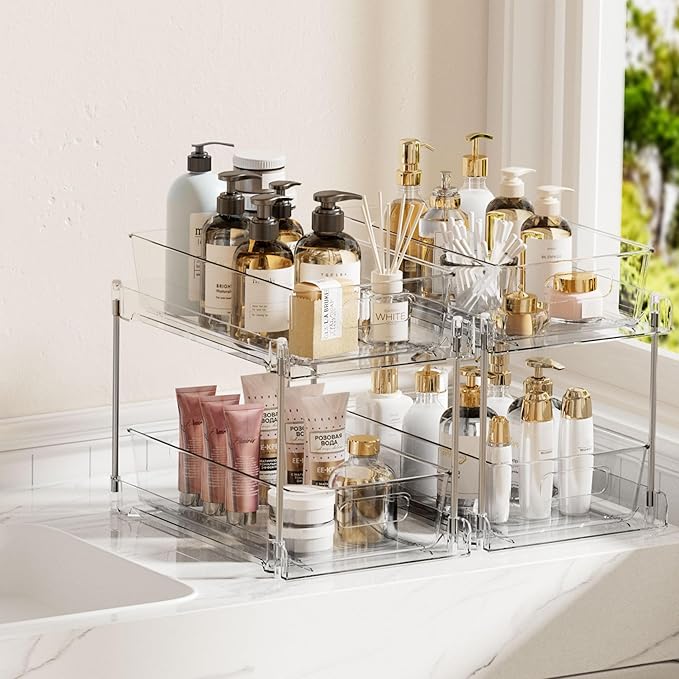 Vtopmart 2 Tier Bathroom Storage Organizer, 2 Pack Clear Under Sink Organizers Vanity Counter Container, Cabinet Drawers Bins, Pull-Out Organization with Track for Pantry, Kitchen