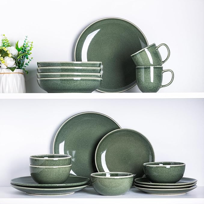 AmorArc Ceramic Dinnerware Sets for 4, 12 Pieces Handpainted Plates and Bowls Set, Scratch Resistant Stoneware Dishes Set, Dishwasher & Microwave Safe, Jade Green