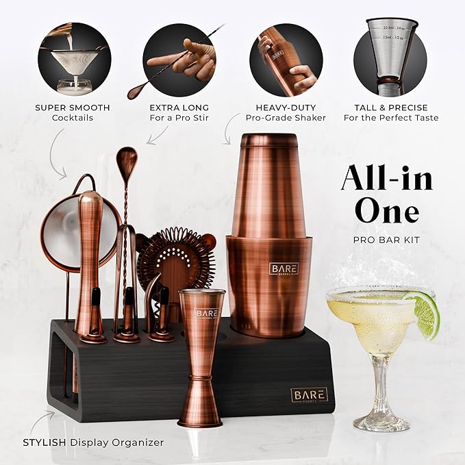BARE BARREL® Mixology Bartender Kit Bar Set | 14-Piece Cocktail Shaker Set | Martini Barware Mixing Tools for Home Bartending | Incl. 35 Recipe Cards | Gift Set (28oz Boston Shaker, Copper/Black)
