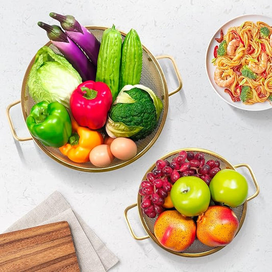 2PCS Gold Strainer for Kitche, 3QT and 5QT, Stainless Steel Colander with Handle for Fruits Vegetables Cooking Food, Dishwasher Safe