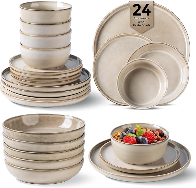 GBHOME 24 Pieces Double Bowls Ceramic Dinnerware Sets for 6, Stoneware Plates and Bowls Set with Reactive Glaze, Scratch Resistant Stoneware Dishes Set, Dishwasher & Microwave Safe