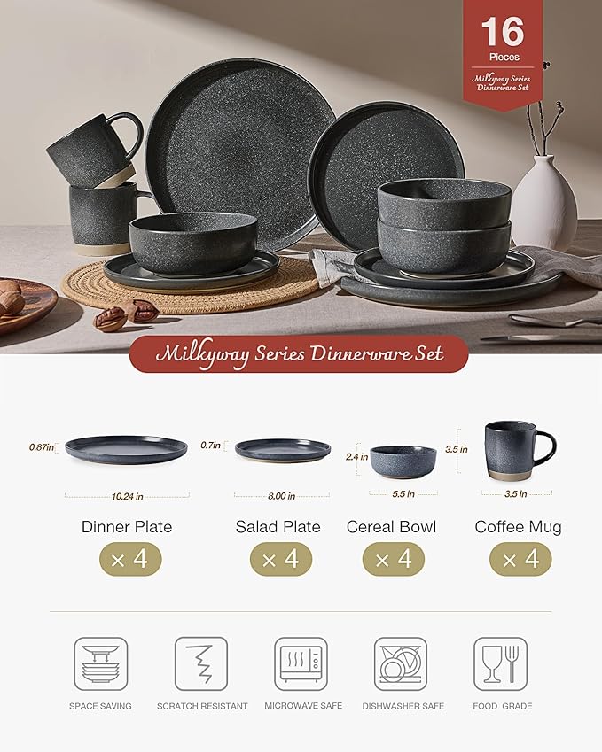 Famiware Milkyway Stoneware Dinnerware Sets with Mugs, Service for 4 (16 Pieces), Reactive Glaze Plates and Bowls Sets, Microwave and Dishwasher Safe Dishes Set, Matte Dark Charcoal